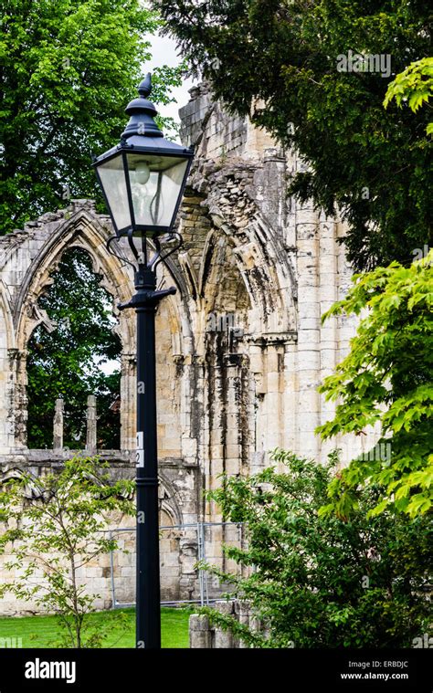 Remains Of St Marys Abbey Church Archway And Window With Lamppost In