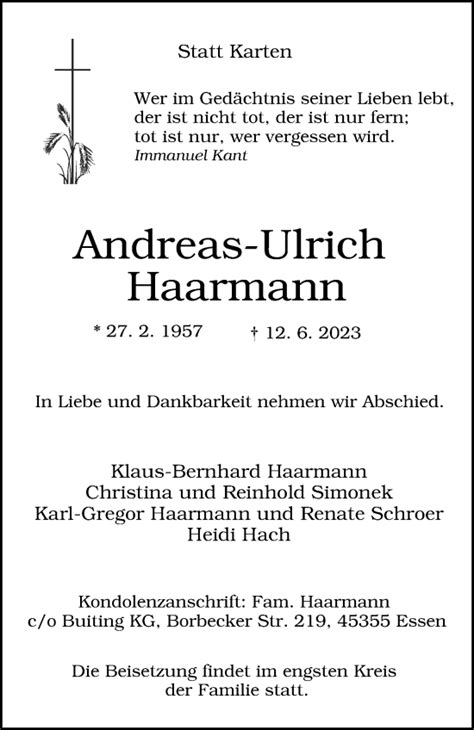 Traueranzeigen Von Andreas Ulrich Haarmann Trauer In Nrw De