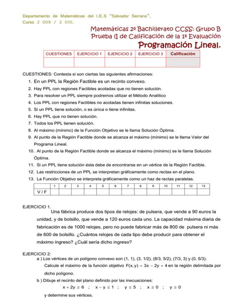 Programación Lineal Matemáticas 2º Bachillerato Ccss Grupo B