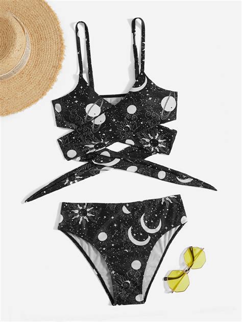 SHEIN Swim Y2GLAM Galaxy Print Bikini Set Criss Cross Wireless Bra Top