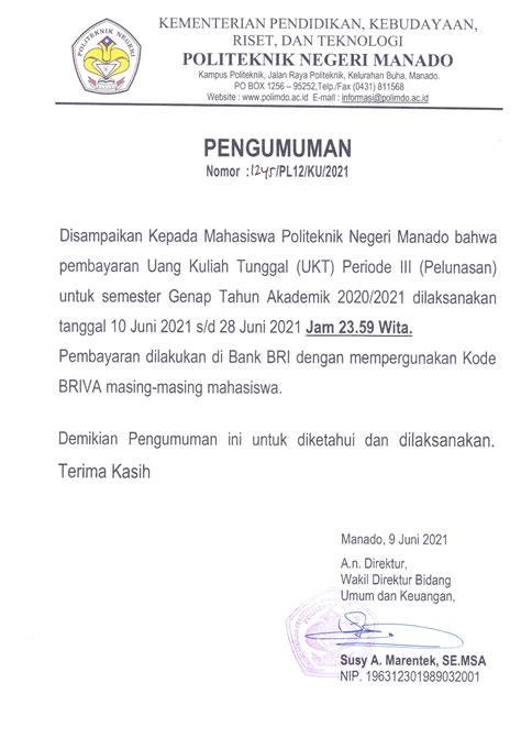 Pengumuman Pembayaran Uang Kuliah Tunggal Ukt Periode Iii Pelunasan