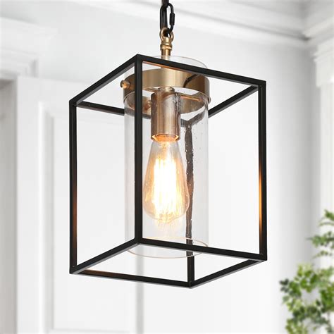 Uolfin Modern Cage Kitchen Pendant Lighting 1-Light Black & Gold Pendant Light with Seeded ...