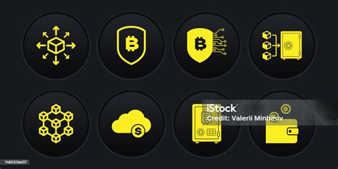 Set Blockchain Technology Proof Of Stake Cryptocurrency Cloud Mining Shield With Bitcoin And