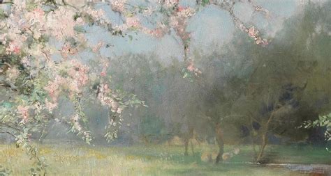 An Oil Painting Of Pink Flowers On A Tree In A Field With Water And Grass