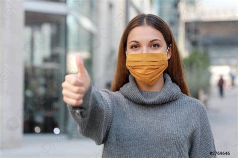 Use The Mask Young Woman Wearing Protective Mask Showing Thumbs Stock