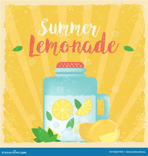 Colorful Vintage Lemonade Label Poster Vector Illustration Summer Background Stock Vector