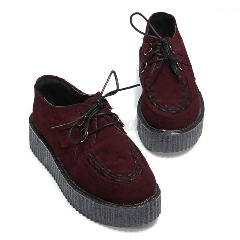 Womens Lace Up Punk Creepers Goth Platform Faux Suede Flat Casual Shoes