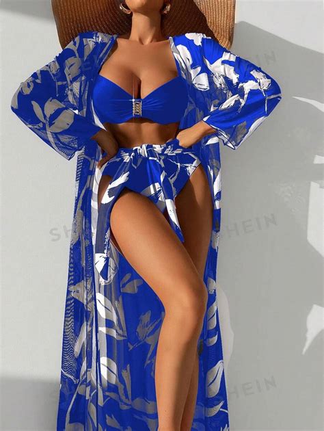 SHEIN Swim Vcay Tropical Print Push Up Bikini Swimsuit With Kimono