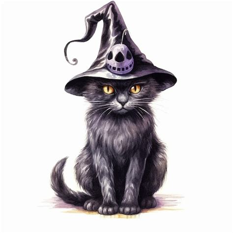 Premium Photo Painting Of A Black Cat Wearing A Witch Hat Generative Ai