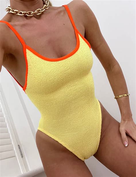 Cami One Piece Swimsuit And Bodysuit In Yellow And Neon Coral Crinkle High Cut Hip 80 S 90 S