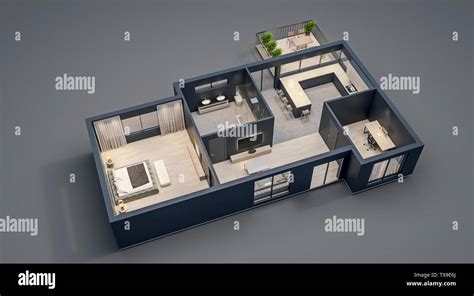 modern interior design, isolated floor plan with black walls, blueprint ...