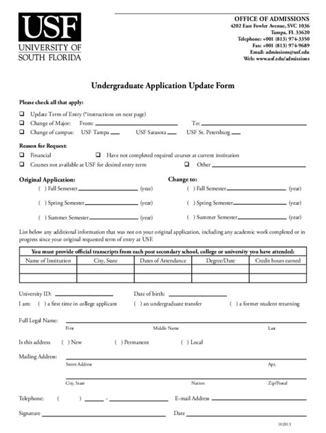 Usf Application Update Form Fill Online Printable Fillable Blank