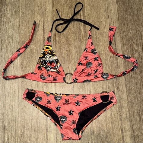 Ed Hardy Swim Vintage Rare Y K Ed Hardy Pink Tiger O Ring String Triangle Bikini Set Xs