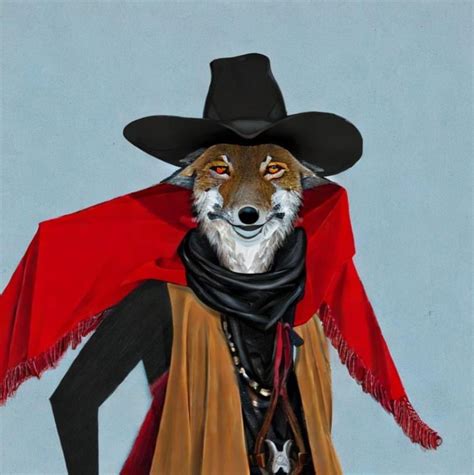 An anthropomorphic coyote wearing a red poncho and a black cowboy hat ...
