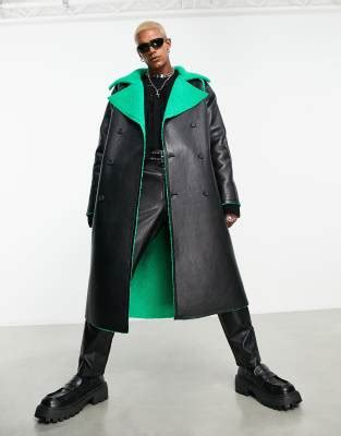 ASOS DESIGN Faux Leather Trench Coat With Contrast Borg Lining In Black