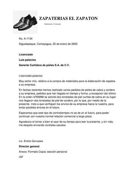 Carta Comercial ZAPATERIAS EL ZAPATON Siguatepeque Comayagua No A