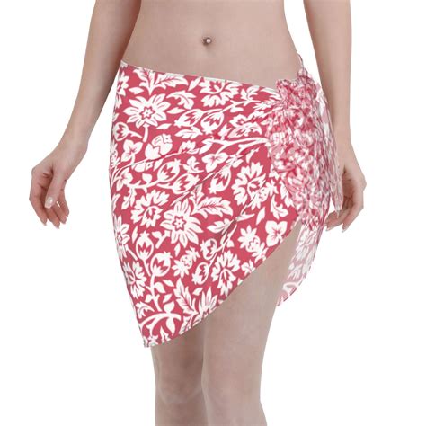 Coaee Red Flowers Women S Short Sarongs Beach Wrap Sheer Bikini Wraps Chiffon Cover Ups For