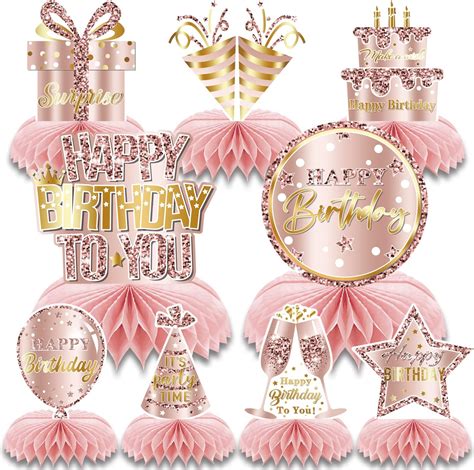 9pcs Rose Gold Pink Birthday Decorations Honeycomb