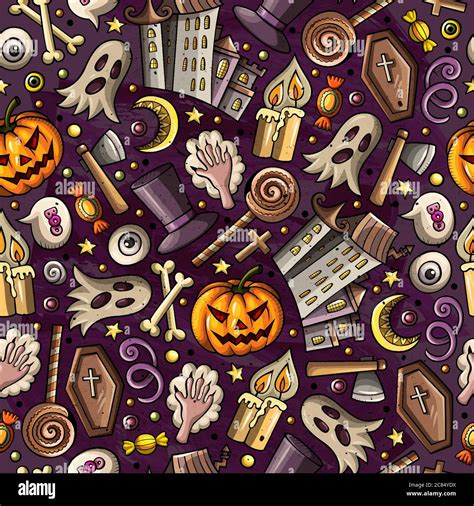 Cartoon Cute Hand Drawn Halloween Seamless Pattern Stock Vector Image