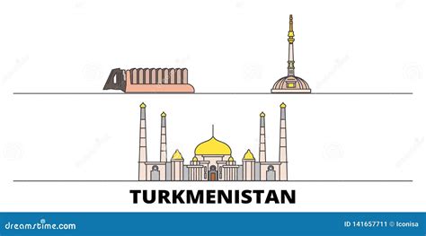 Turkmenistan Flat Landmarks Vector Illustration Turkmenistan Line City