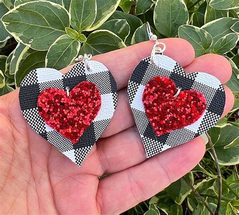 Valentines Day Black White Buffalo Plaid Faux Leather Glitter Heart