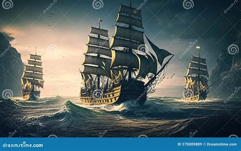 Warships Of Ancient Greece In The Open Sea At Night Stock Illustration ...