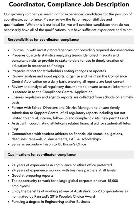 Coordinator Compliance Job Description Velvet Jobs