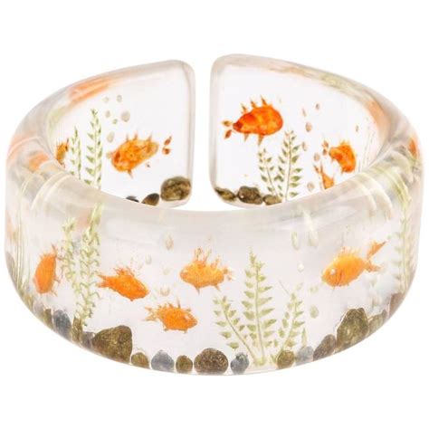 C S Clear Plastic Lucite Reversed Hand Carved Goldfish Cuff