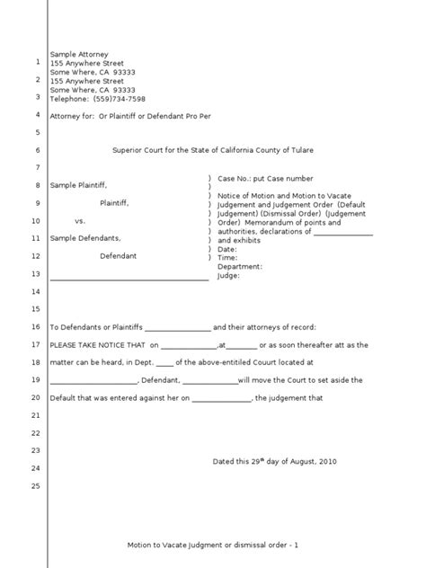 Sample Motion To Vacate Judgment Law United States Law