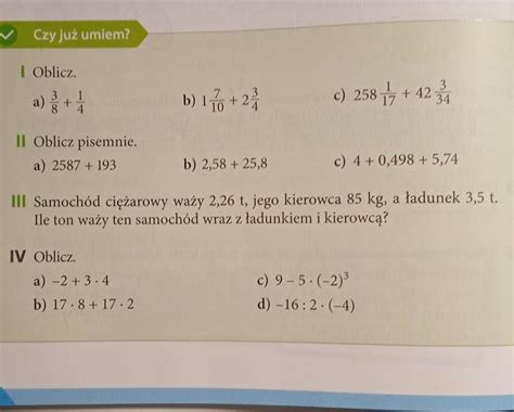 Czy już umiem I Oblicz 1 4 a c 258 11 42 34 b 170 2 4 II Oblicz