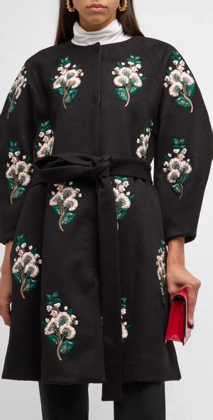 Carolina Herrera Floral Embroidered Cashmere Belted Collarless A Line