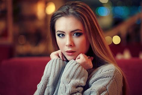 Download Long Hair Brunette Depth Of Field Bokeh Blue Eyes Face Woman