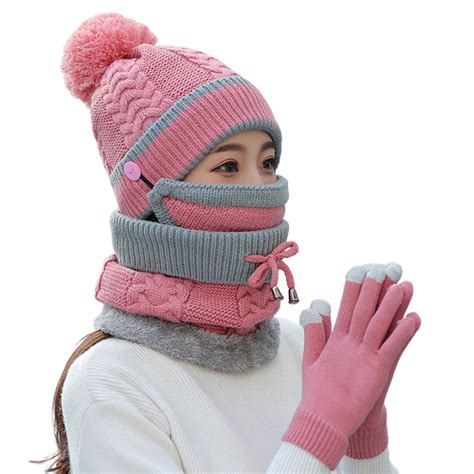 Womens Winter Warm Knit Beanie Hat Touchscreen Gloves Scarf Mask Set