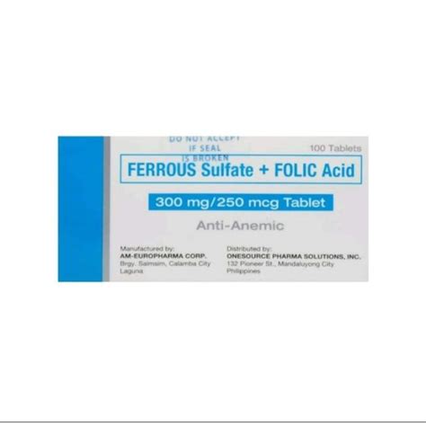 Ferrous Sulfate With Folic Acid 300 Mg 250 Mg 100 Tablets Lazada Ph