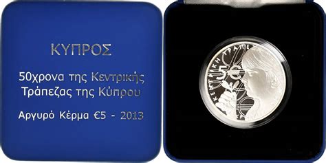 Zypern 5 Euro 2013 50th Anniversary Central Bank Proof STGL Silber