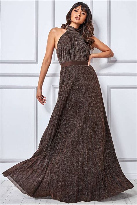 Goddiva Lurex Halterneck Pleated Maxi Dress Bronze