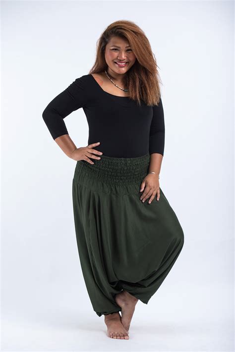 Plus Size Solid Color Drop Crotch Womens Harem Pants In Dark Green