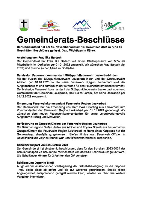 Beschlüsse Gemeinderat Albinen