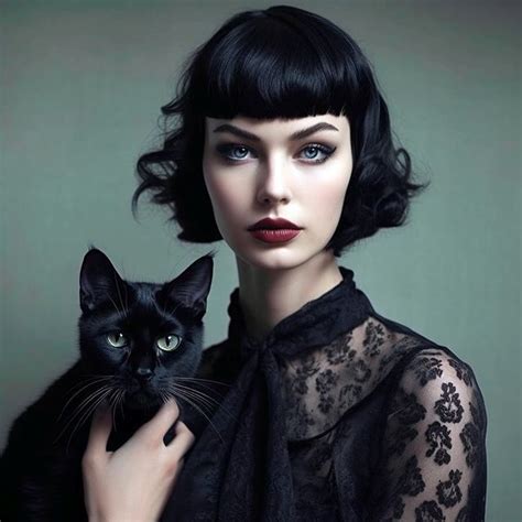 A Woman Holding A Black Cat In Her Hand And Wearing A Black Dress With