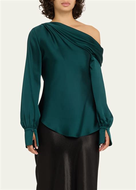 SIMKHAI Alice One Shoulder Long Sleeve Satin Top Bergdorf Goodman