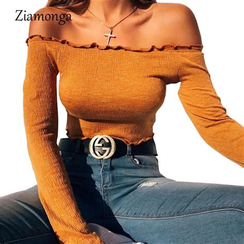 Ziamonga Off Shoulder Long Sleeve T Shirt Women Crop Top 2017 Stringy