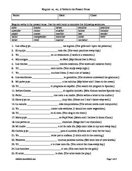 Present Tense Regular AR ER IR Verbs Worksheet Worksheet