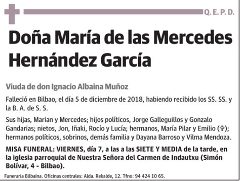 Mar A De Las Mercedes Hern Ndez Garc A Esquela Necrol Gica El Correo