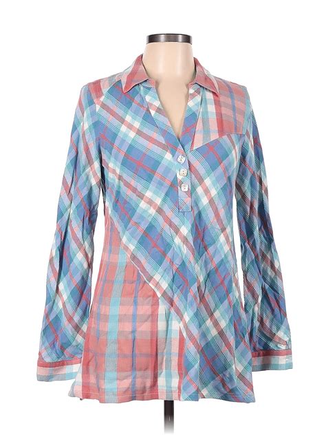 Soft Surroundings Plaid Multi Color Blue Long Sleeve Blouse Size M 69