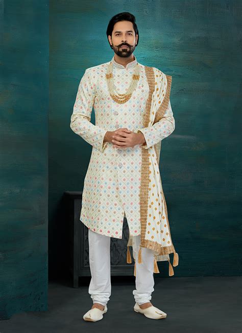 Shop Cream Art Silk Classic Sherwani Wedding Wear Online At Best Price