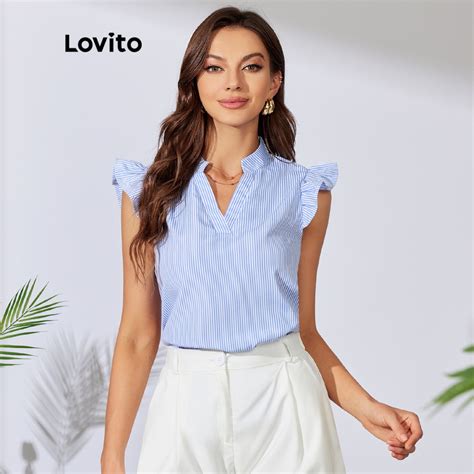 Lovito Blusa Brasil Copa Casual Listrada Manga De Babados E