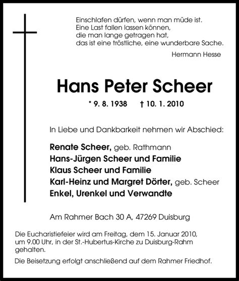 Traueranzeigen Von Hans Peter Scheer Trauer In Nrw De