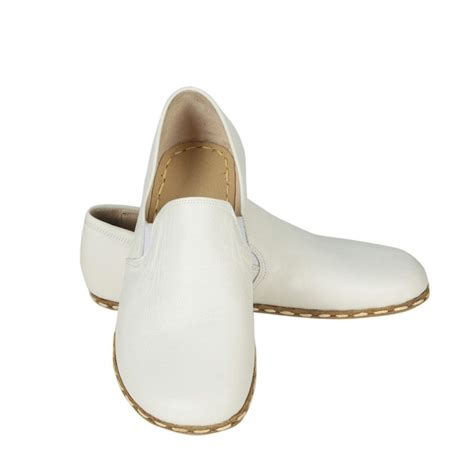 White Slip On Wide Barefoot Smooth Leather Handmade Sport Shoes