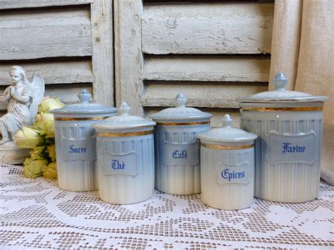 Set Of 5 Vintage French Porcelain Kitchen Canister Set Baby Blue