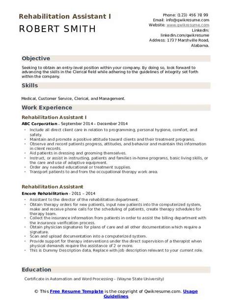 Rehabilitation Assistant Resume Samples | QwikResume